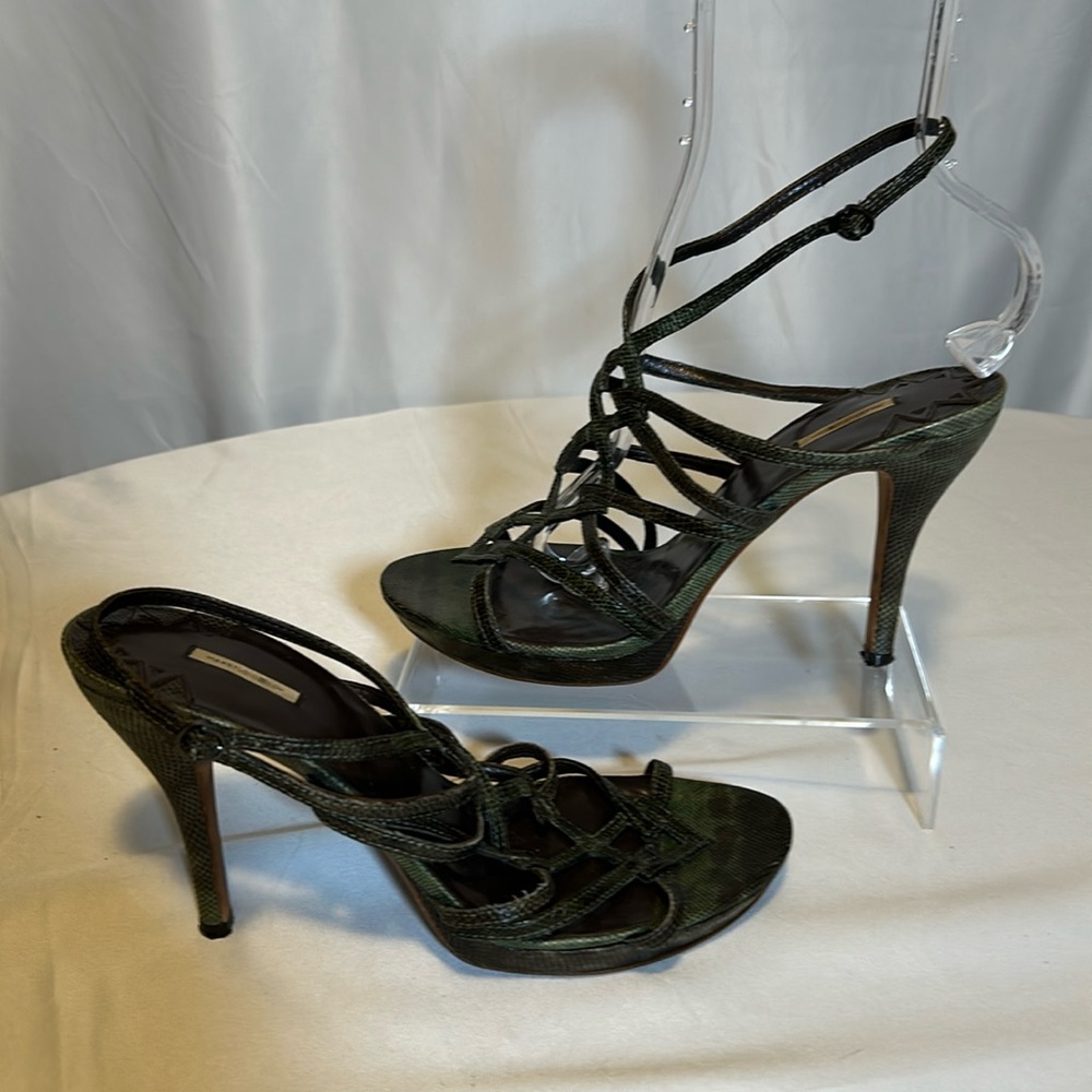MaxStudio olive snakeskin print real leather strapped heels with platform sole